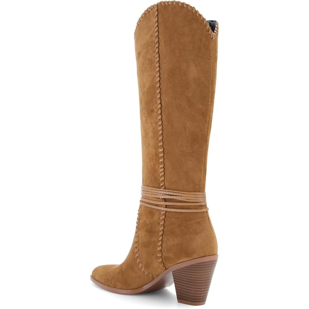 Women's Brown Suede Cowboy Pointed Toe Knee High Chunky Stylish Comfortable Heel - Picture 7 of 7